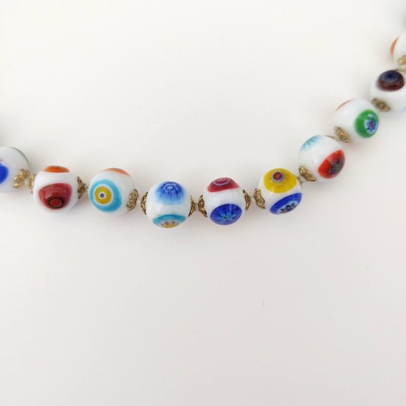 White glass beaded necklace w/multi color designs - Picture 14 of 15